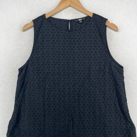UNIQLO Tank Top Womens XL Floral Eyelet Embroidered Sleeveless Shell Black - Picture 4 of 13